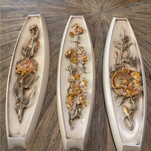 Vintage Chalkware Wall Plaques Set 3 Floral Plaster 60’s-70’s Retro Orange Gold